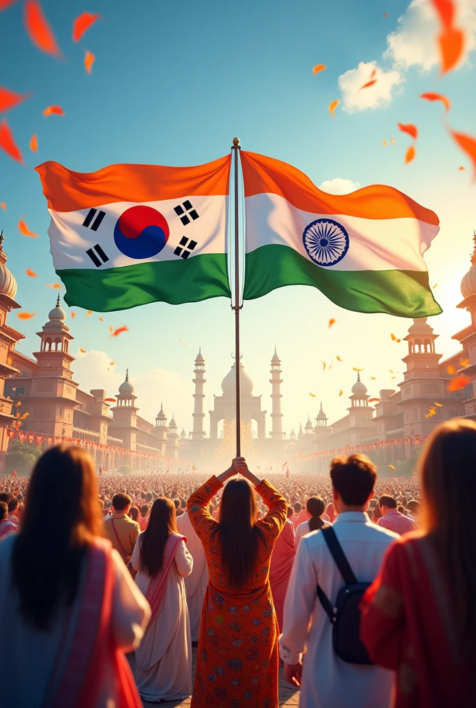 Ai image of south korea and India celebrates independence day together with flags
