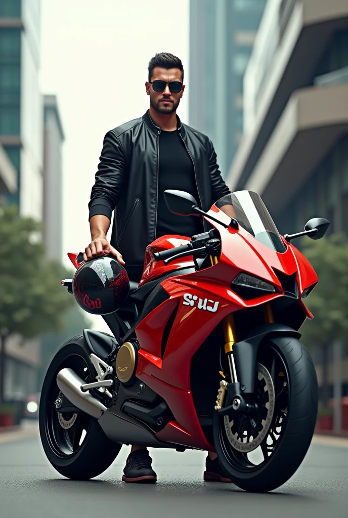 An attitude man standing beside sports bike with a helmet in his hand and logo like "sobuj"