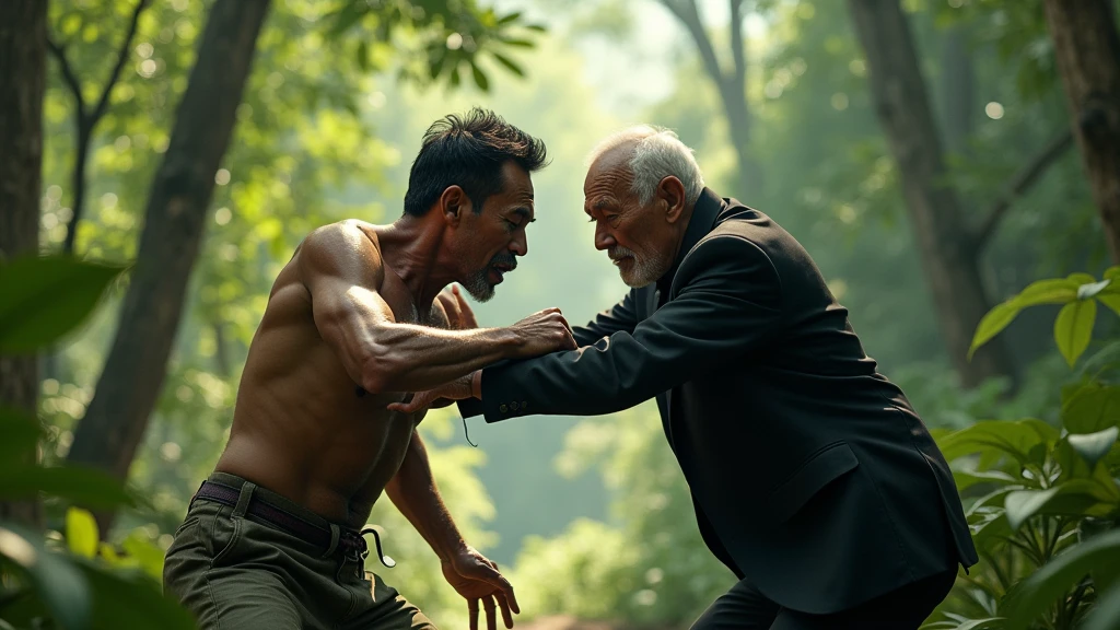 A Cambodian man fights with an old man wearing a black suit in the forest during the day 8k