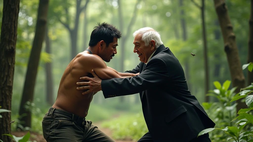 A Cambodian man fights with an old man wearing a black suit in the forest during the day 8k