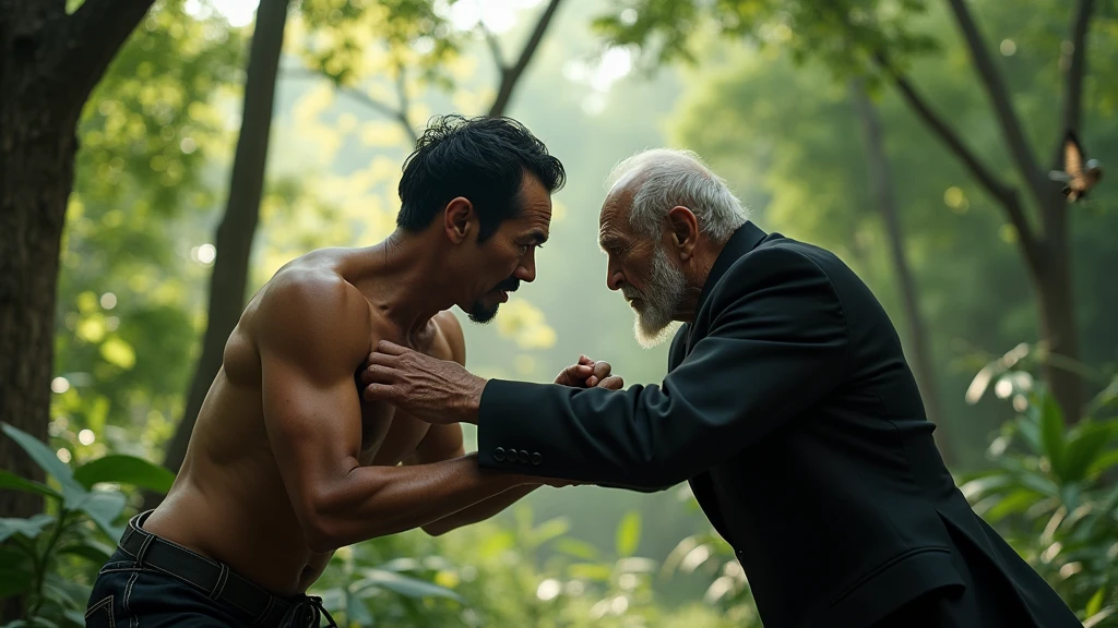 A Cambodian man fights with an old man wearing a black suit in the forest during the day 8k  