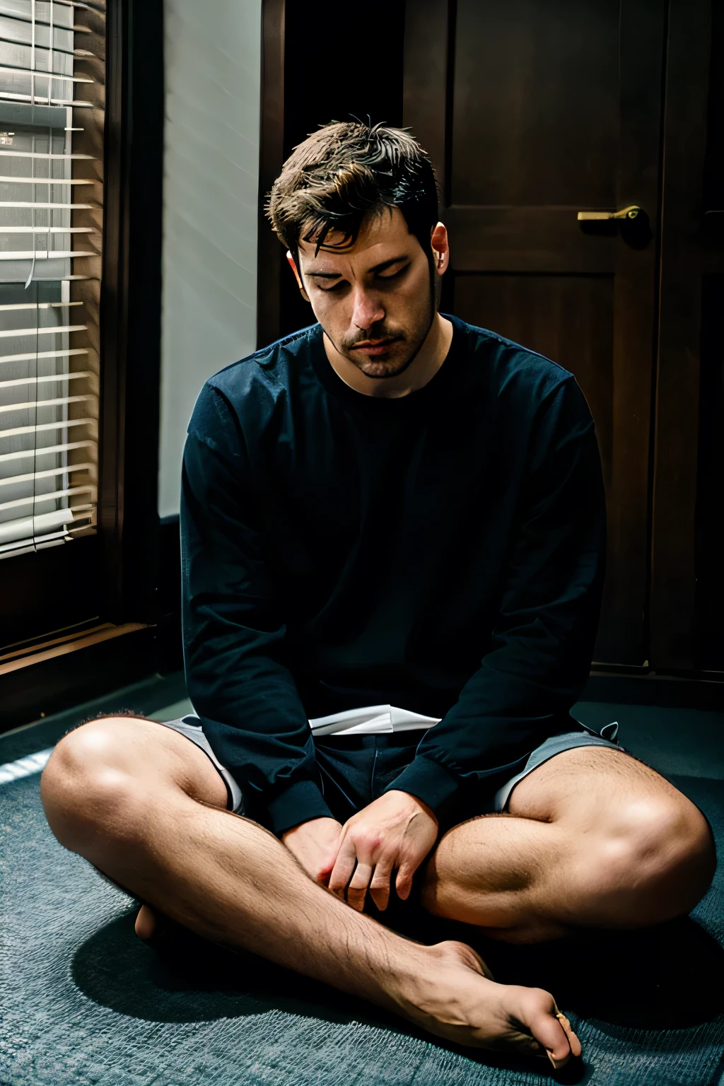 sad man sitting on the floor of a big house at night, dark light