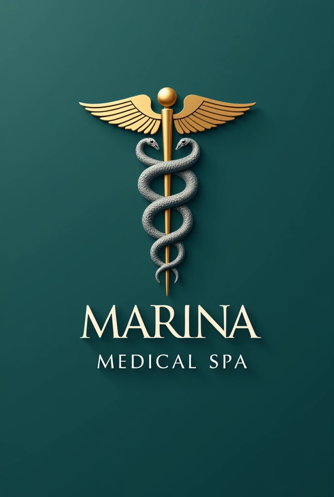 Make me a logo with a minimalist and elegant approach. In the middle, the symbol of Aesculapius, represented by two stylized snakes that gently coil around a thin, polished staff. The staff is golden, radiating a sense of luxury and distinction.
I also want you to include the Cabo San Lucas arch in Mexico.
The background is a soft shade of navy blue or emerald green, evoking tranquility and health. The serpent lines are thin and silver, complementing the staff and adding a modern and sophisticated touch.
Below the symbol, the name of the spa is called MARINA MEDICAL SPA is written in an elegant serif font, also in gold, to harmonize with the staff. The typography has a classic but modern style, projecting confidence and professionalism.
On the whole, the logo communicates a feeling of well-being, high quality and exclusive medical care, ideal for a medical spa.
