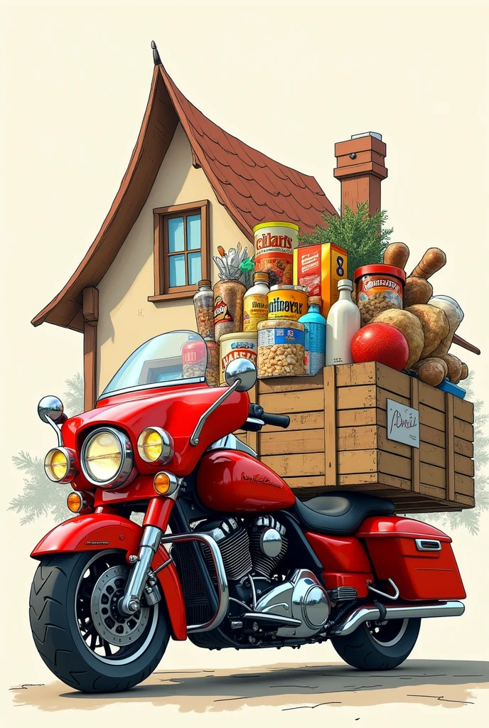 Large red cargo motorcycle with drinks, cereals, bottled milk, bean bag, packaged bread, behind the triangular roof of a cartoon style house drawn freehand