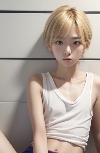 Create a photo of a korean Asian teenager,beautiful cute idol girl, blondehair,12yo,narrow eyes:1.5,slim face,slim neck,((thinbody)),white tite tanktop,((rasping)),((frat chest)),((clavicle))