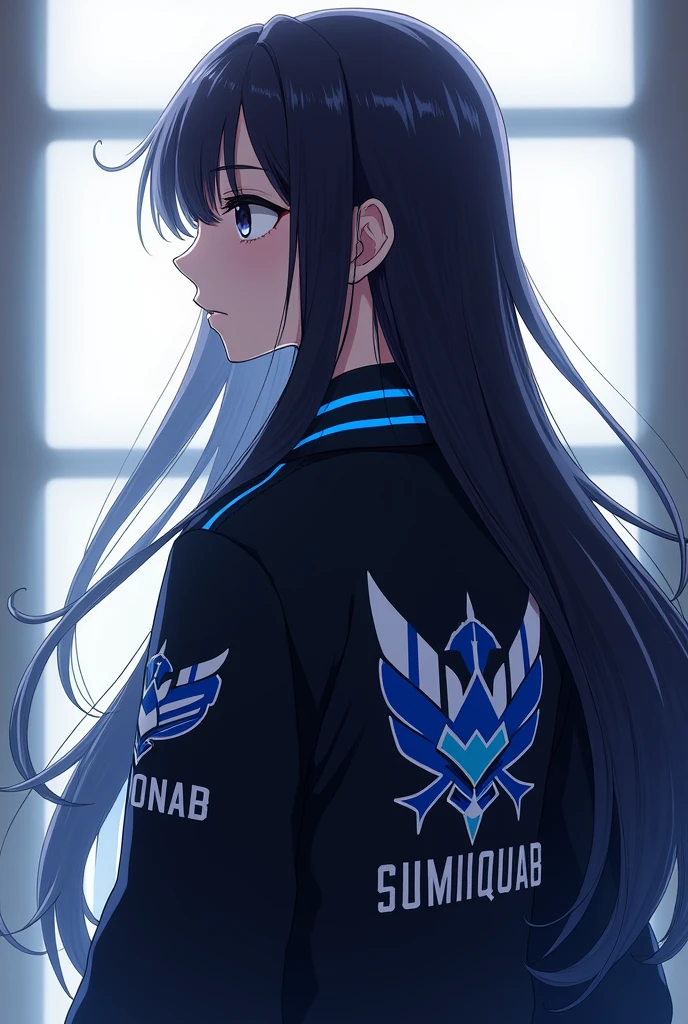 Anime woman with long hair no bangs, facing back with side head wearing jacket with logo of mobile legends bang bang and with my last name SUMIQUIAB with lining blue