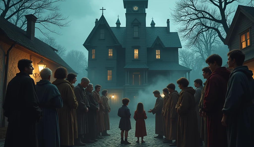 Villagers gathered around the family, pointing towards the haunted mansion and telling them the scary story.