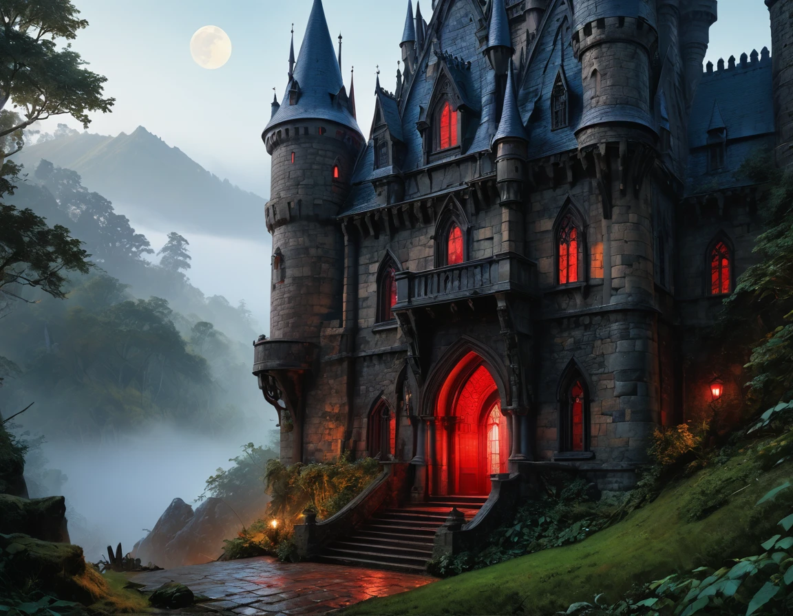 a picture of goth fantasy castle at night surrounded half covered by a fog,  a dark fantasy castle, (goth castle: 1.4), with towers and (red light : 1.4) coming out of the windows, the castle sits on a hill with few tress, the fog covers the ground and some of the castle, it is night time, the moon is full, dynamic color moon, some stars, dark fantasy forest,  (best details, Masterpiece, best quality :1.5), ultra best realistic pictures , best details, best quality, 16k, [ultra detailed], masterpiece, best quality, (extremely detailed), ultra wide shot, photorealism, depth of field,