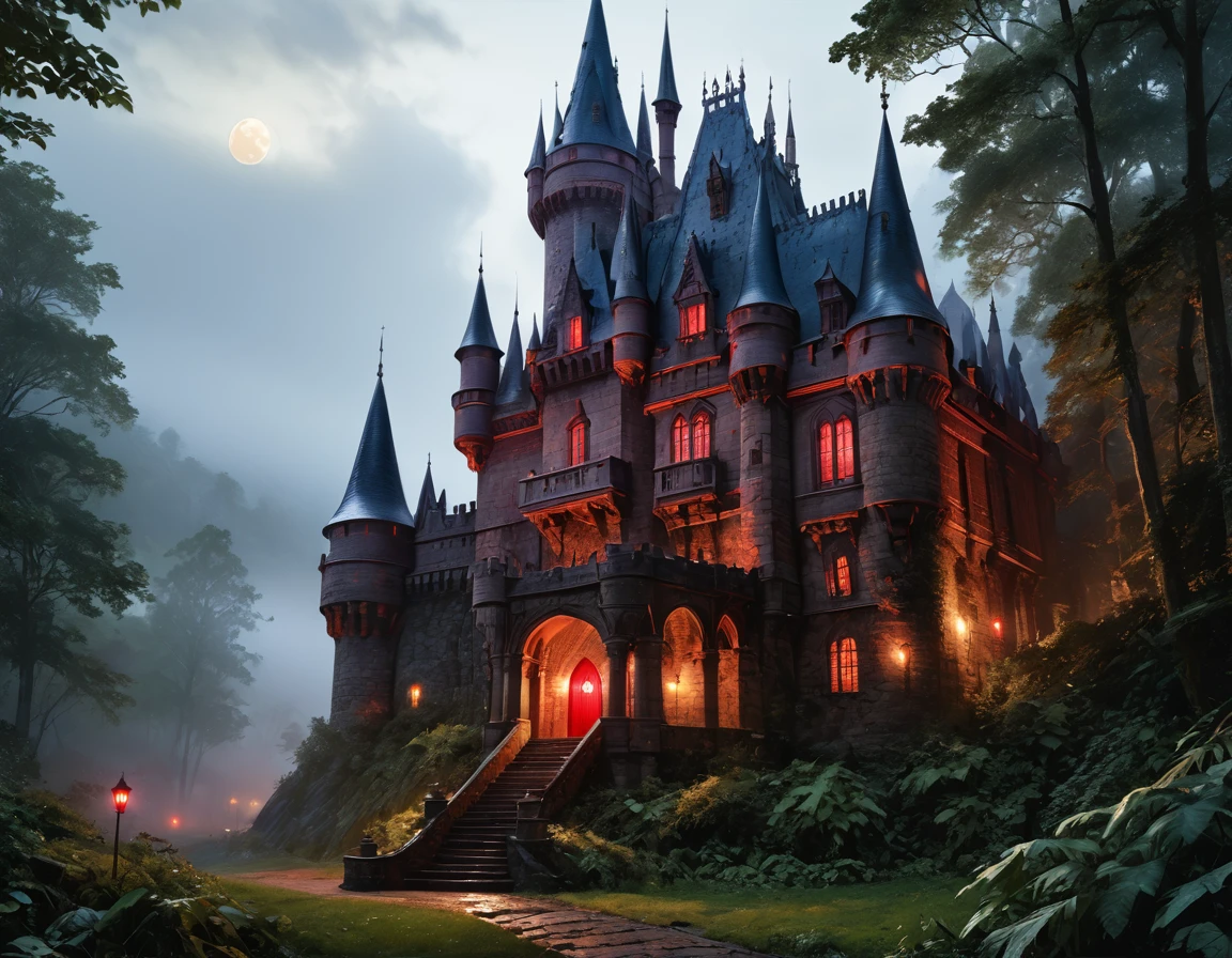 a picture of goth fantasy castle at night surrounded half covered by a fog,  a dark fantasy castle, (goth castle: 1.4), with towers and (red light : 1.4) coming out of the windows, the castle sits on a hill with few tress, the fog covers the ground and some of the castle, it is night time, the moon is full, dynamic color moon, some stars, dark fantasy forest,  (best details, Masterpiece, best quality :1.5), ultra best realistic pictures , best details, best quality, 16k, [ultra detailed], masterpiece, best quality, (extremely detailed), ultra wide shot, photorealism, depth of field,