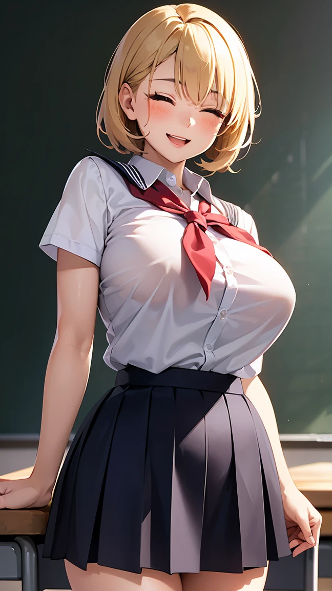 (gleaming skin:1.3), (18yo girl:1.8), blush, laughing, A  with blonde short hair, tan skin, sky-blue eyes, open mouth, wearing a white bikini, breanding, (classroom:1.6). arms behind back. 1girl, extremely detailed CG, super detailed skin, perfect anatomy, dynamic lighting, beautiful detailed eyes, Top quality、Realistic、woman、milf 、Beaul Eyes、Symmetrical eyes、evil smile、one eye closed, right eye closed, (Big breasts biace、curvy body:1.2)、 (summe school uniform, skirt:1.6), (gleaming skin:1.4)、walkings、BREAK nsfw, skirt lift,