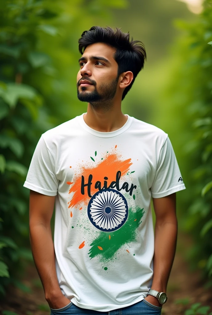  Independence day t shirt back printed by name haidar men for 18 years old 
And colour orenge or white and green background colour 

