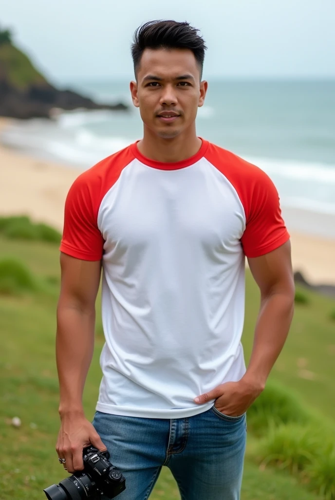 Gentleman Korean in a t-shirt and jeans,super big breasts, shiny tight clothes, tanned skin, A handsome, muscular young Asian man looks at the camera. In a simple t-shirt white and red , Fieldside, grass, beach, Carrying a camera