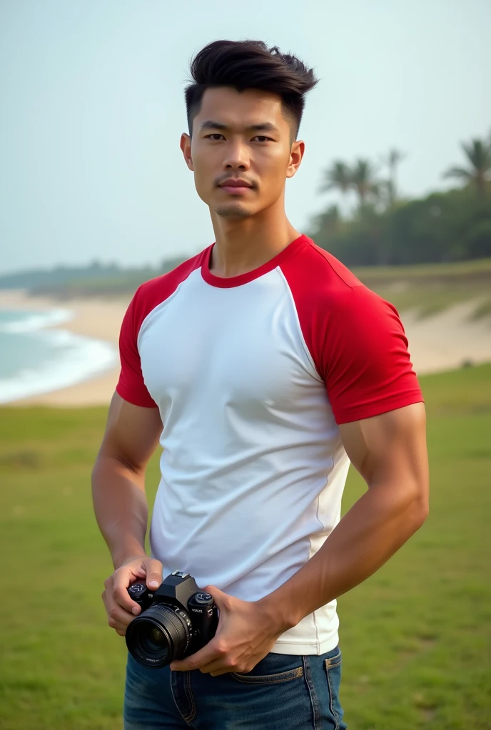 A handsome, muscular young Asian man looks at the camera. In a simple t-shirt white and red , Fieldside, grass, beach, sunlight