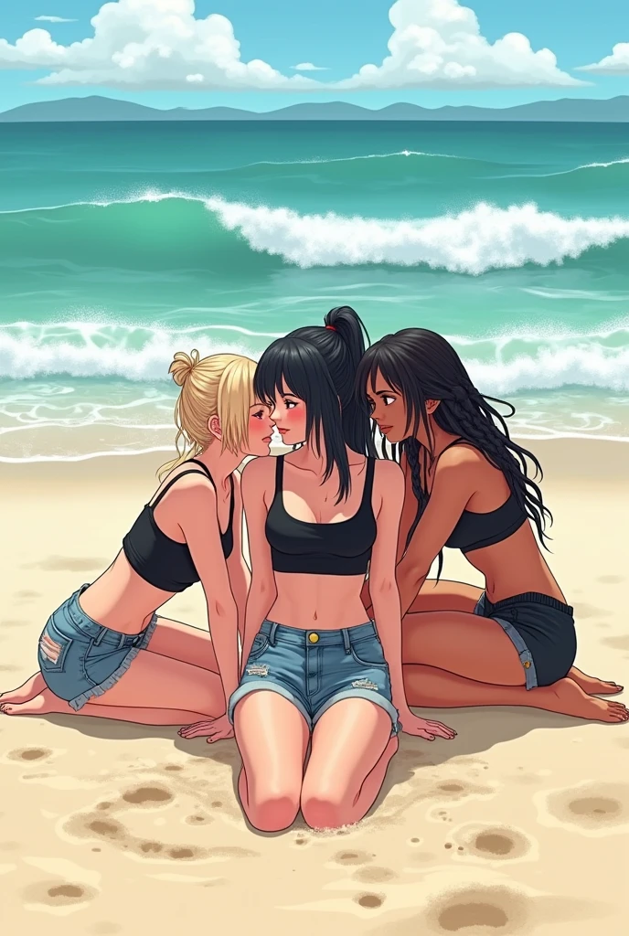 Orgy on the beach with 3 blonde women and 3 big-ass black women fingering each other without clothes, all sweaty