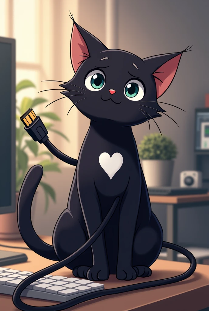 I want to see an anime style cat that will be wrapped in an HDMI cable like this, the cable wraps around him, upside down, and the cat plays with the edge of the cable as if it were a toy. Something like that.
the cat must be black and have a white heart on its face.
The cat should be playing with a toy BACKGROUND: You could draw on the background of a pc, a workstation