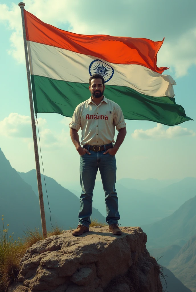 man standing on lalkila with front side indian flag aman name written on shirt