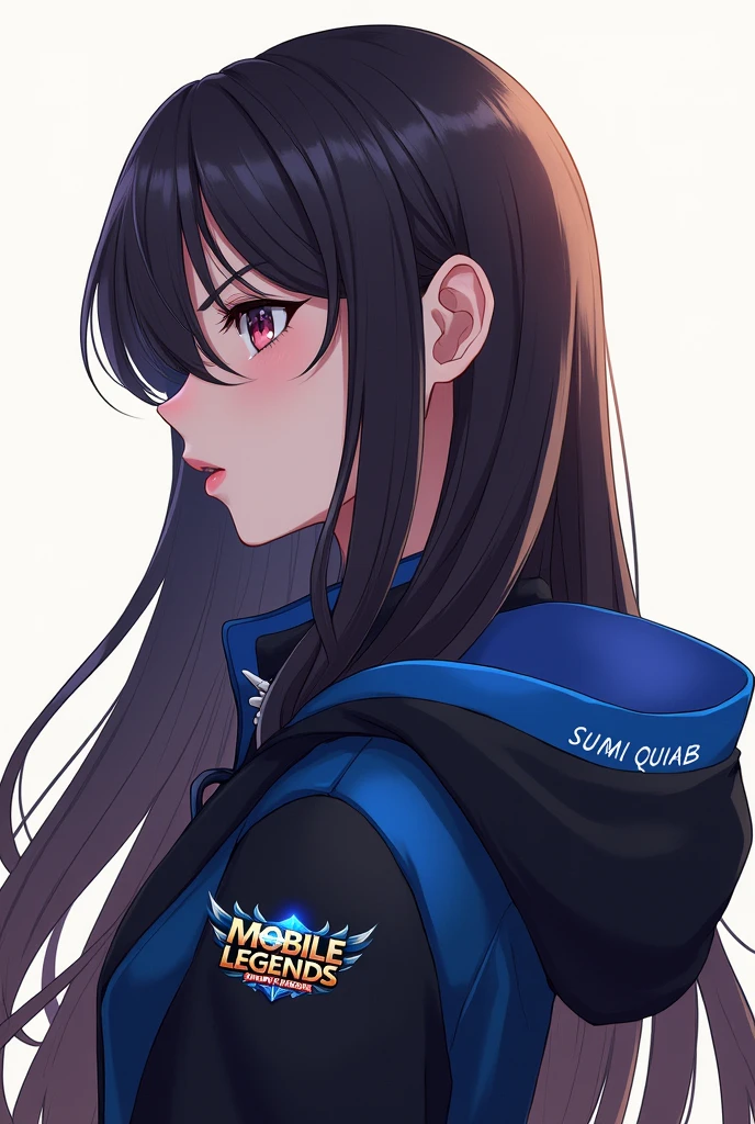 Anime woman with long hair no bangs, facing back with side head wearing jacket with logo of mobile legends bang bang and with my last name SUMIQUIAB with lining blue