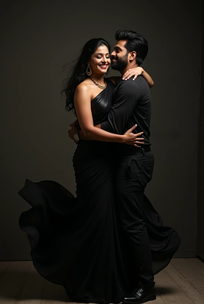 a smiling and beautiful Indian actress in black saree is carrying a large man on her shoulders, inside a dark room, man is sitting on her shoulders, she is lifting himin the air