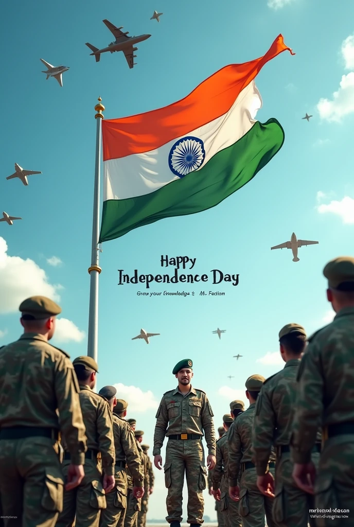 Indian flag with Indian para SF forces salute to flag around choppers , fighter jets , sky also flag tricolour and write this image ' "Happy Independence day " Grow your Knowledge with " * Mr. Factism "* ' this image ratio is 1:1