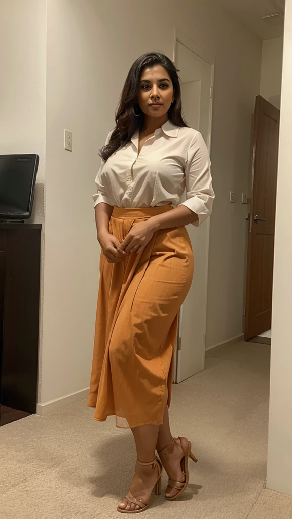Office scene, A radiant, full-figured South Indian 35 year old aunty a orange colour chiffon skirt and cream colour chiffon shirt, captured in a full-body image with vibrant hues and meticulous details. Full body image