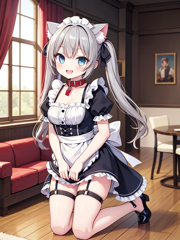Maid clothes, Short sleeve, (collar on a leash:1.2), ((Have a lead)), garter belt, stockings, (Classical router), (One person), cute, (smile:1.3), (Open your mouth:1.3), (Kneel on the floor:1.2), (Cat ear), ((Gray Hair)), Medium twin tails, Blue Eyes, Hotel Rooms, sofa, window, Resort, noon, indoor, ((Highest quality)), ((masterpiece)), (detailed), Perfect Face, Perfect Arms, Perfect hands, Perfect Fingers, anime, Ultra-fine illustration,