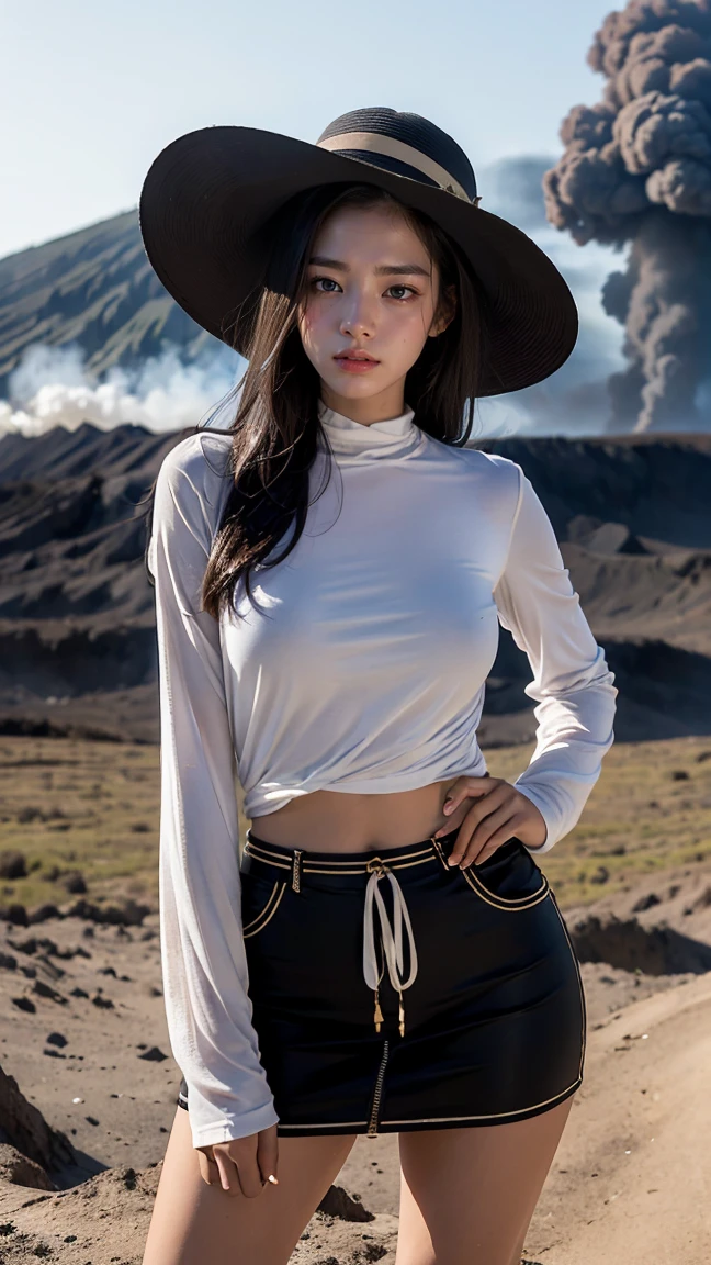 A Brazilian woman wearing a gaucho-inspired outfit from the southern pampas, standing in front of Indonesia's Mount Bromo, her wide-brimmed hat casting a shadow on her face as volcanic smoke rises from the crater in the background (having beautiful : 1.33), (o having clothes: 1.77).

