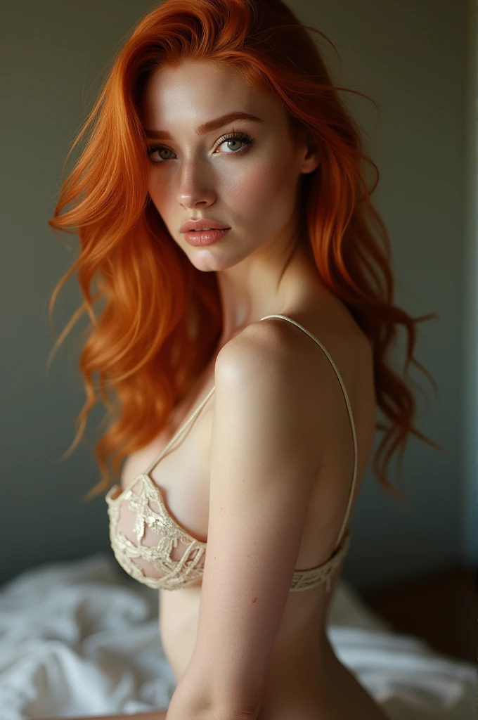 A very beautiful, sensual and attractive redhead wearing only panties with her breasts exposed