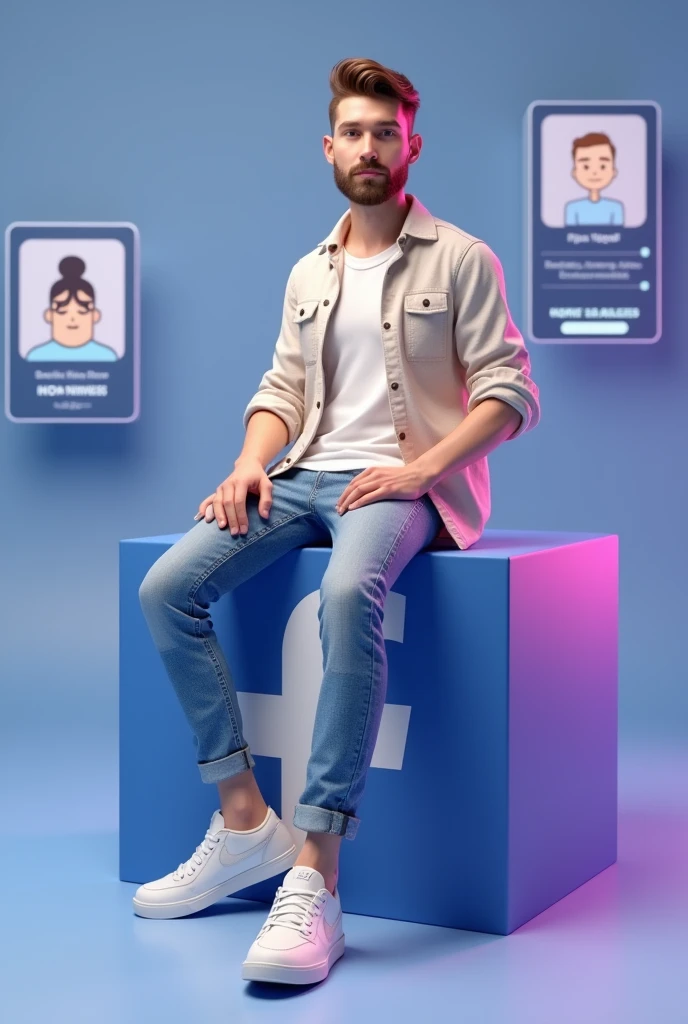 Create a 3D illustration of a 30 years old men setting on the facebook logo showcase .The character must wearing jeans and shirt and sneakers shoes. The background of the image is a social media showcase name with "RIPU" and a profile picture that match.
