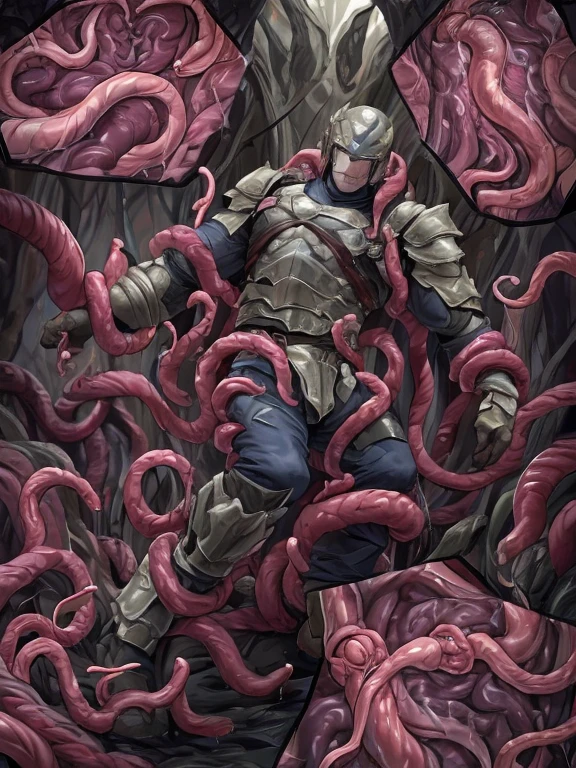 Superhero, hero, strong and robust male, Armor, Tentacle entanglement, uniform, Binding hands togethe, Foreign object invasion, monster breeding, wet, slime, tentacles, slimy tentacles, monster and human breeding, Tentacles wrapped around the body, Insert tentacles into the body, Blocked mouth by tentacles, Both hands are bound, The reproductive organs are covered in tentacles, The chest was torn apart by tentacles, Tentacles penetrate deep into clothes, Wearing pants completely, Complete wearing of trousers