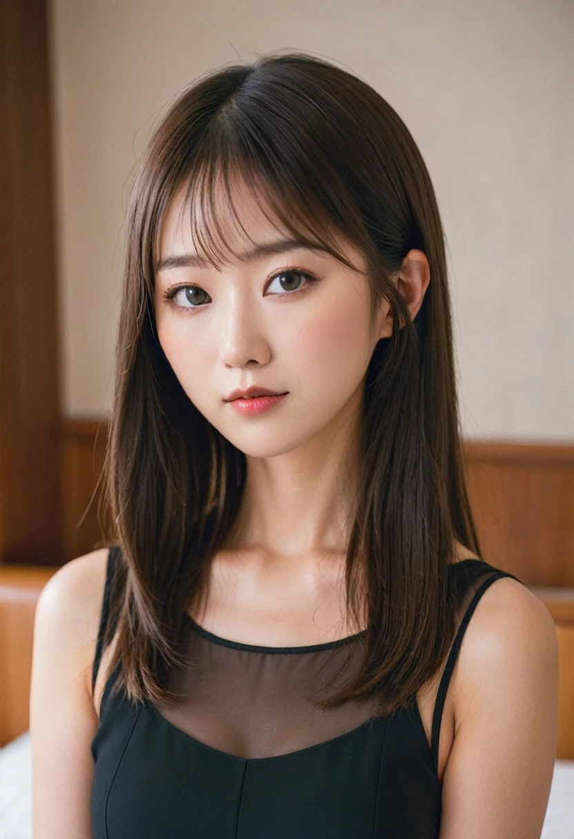 Yurika Okamoto、Age 35、Straight long hair、Tight eyes、Fox Eyes、Black sheer dress