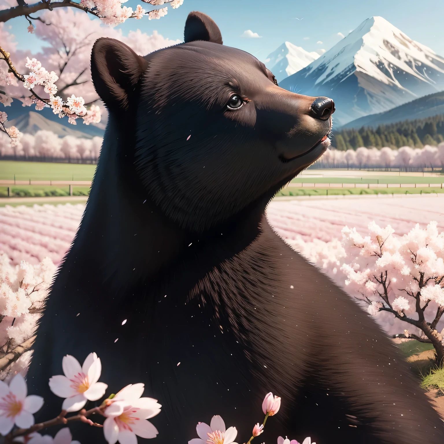 Spring fields and mountains, a cute five-year-old Asiatic black bear looking up at a cherry blossom tree