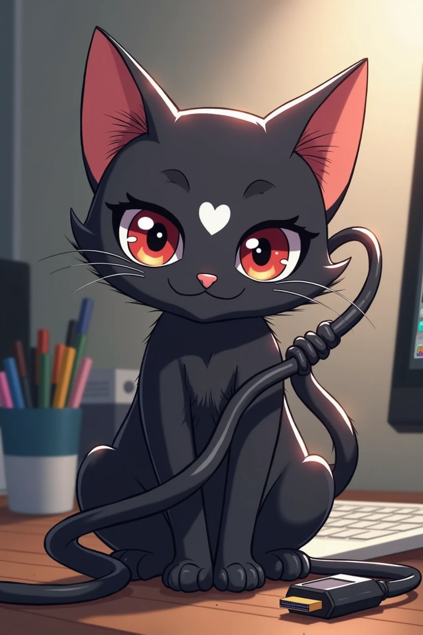 I want to see an anime style cat that will be wrapped in an HDMI cable like this, the cable wraps around him, upside down, and the cat plays with the edge of the cable as if it were a toy. Something like that.
the cat must be black and have a white heart on its face.
The cat should be playing with a toy BACKGROUND: You could draw on the background of a pc, a workstation