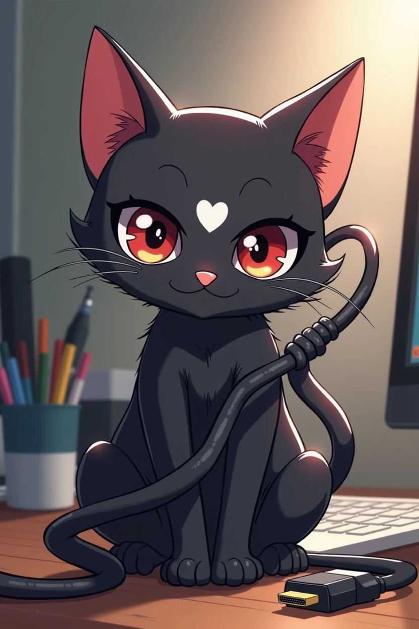 I want to see an anime style cat that will be wrapped in an HDMI cable like this, the cable wraps around him, upside down, and the cat plays with the edge of the cable as if it were a toy. Something like that.
the cat must be black and have a white heart on its face.
The cat should be playing with a toy BACKGROUND: You could draw on the background of a pc, a workstation