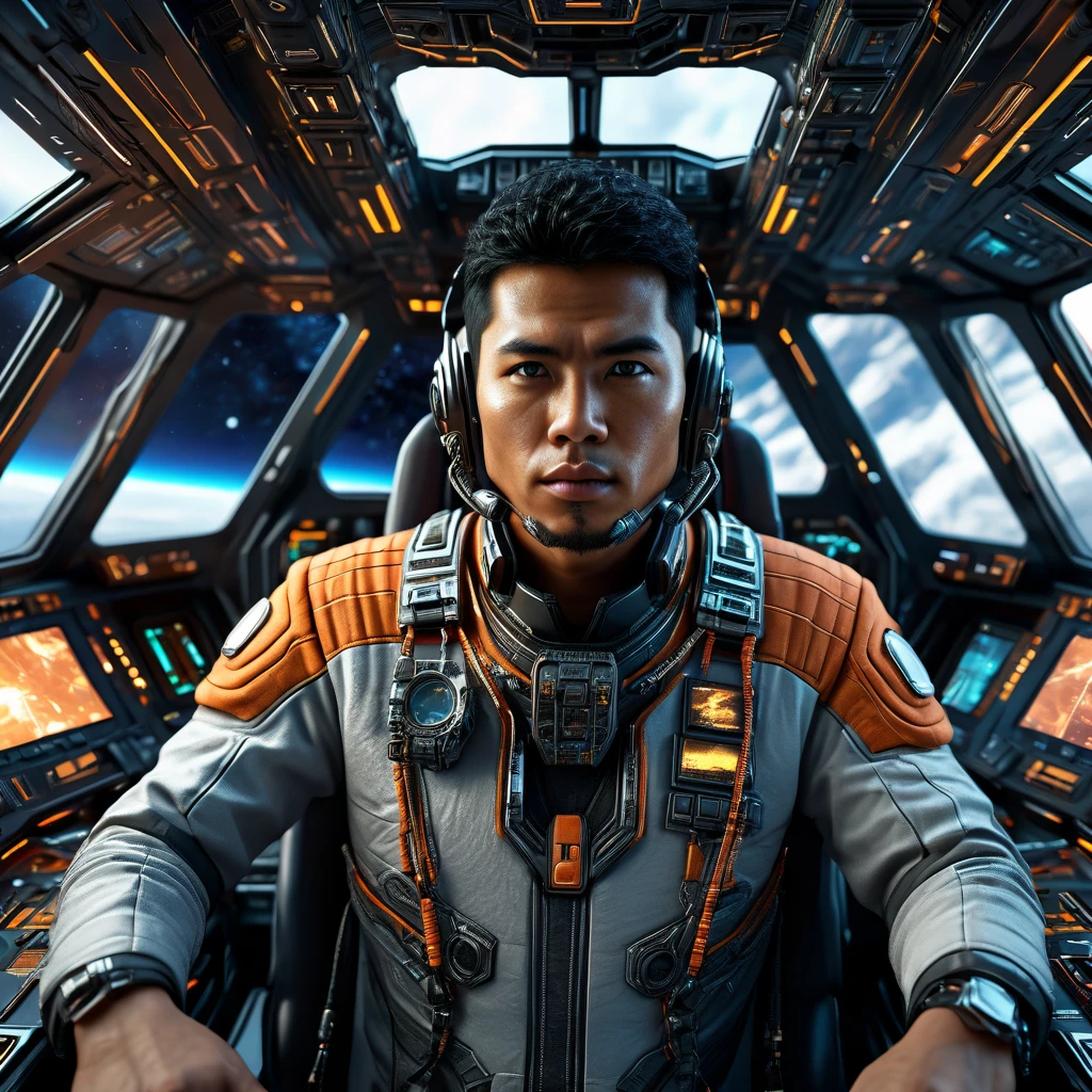 dynamic shoot, frontal angle, stunning images an Indonesian man, clean face, in the cockpit of a spaceship, futuristic clothing, the atmosphere of a battle in outer space seen from the cockpit window, intricate details of the cockpit interior, futuristic and sophisticated, sharp details on every element, high octane render, sci-fi, UHD, HDR+, 32K