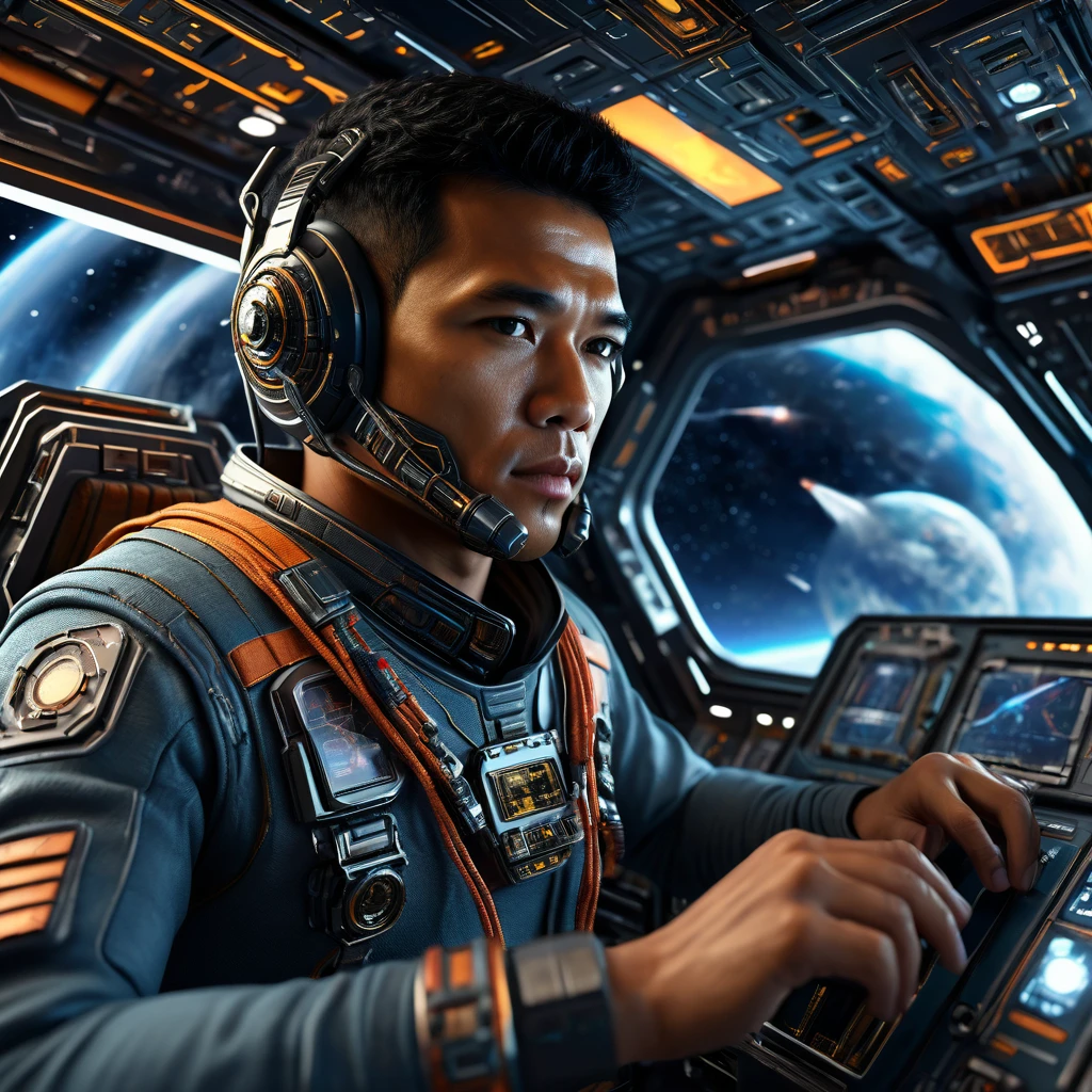 dynamic shoot, frontal angle, stunning images an Indonesian man, clean face, in the cockpit of a spaceship, futuristic clothing, the atmosphere of a battle in outer space seen from the cockpit window, intricate details of the cockpit interior, futuristic and sophisticated, sharp details on every element, high octane render, sci-fi, UHD, HDR+, 32K