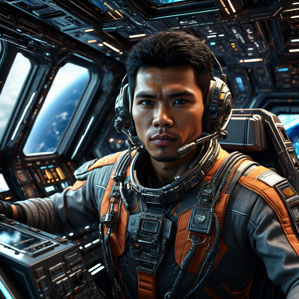 dynamic shoot, frontal angle, stunning images an Indonesian man, clean face, in the cockpit of a spaceship, futuristic clothing, the atmosphere of a battle in outer space seen from the cockpit window, intricate details of the cockpit interior, futuristic and sophisticated, sharp details on every element, high octane render, sci-fi, UHD, HDR+, 32K