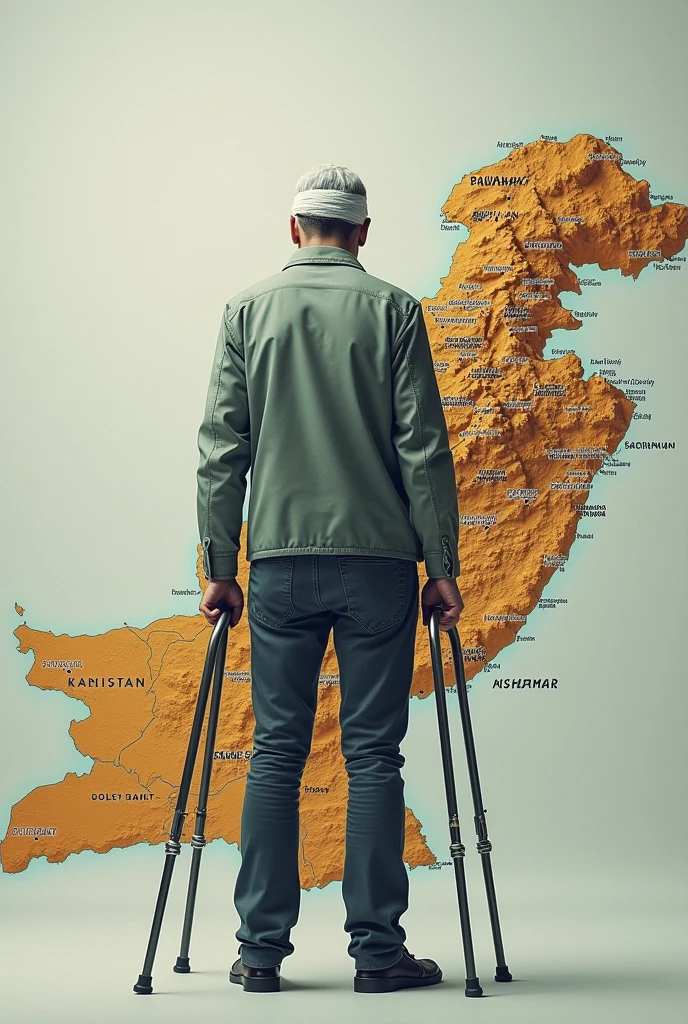 A picture of a map of Pakistan and Kashmir holding crutches and a bandage on head