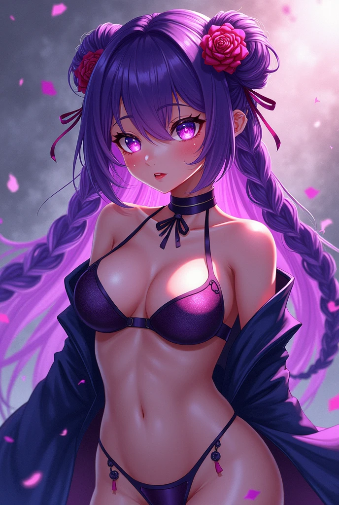 cutesexyrobutts style, 1girl, raiden_shogun, solo, purple_hair, glowing_eyes, (Acrylic paint),(colored acrylic paint),(micro bikini). , purple_eyes, hair_ornament, bangs, long_hair, glowing, breasts, flower, looking_at_viewer, parted_lips, kimono, sash, mole, mole_under_eye, large_breasts, hair_flower, ribbon, cleavage, obi, braid