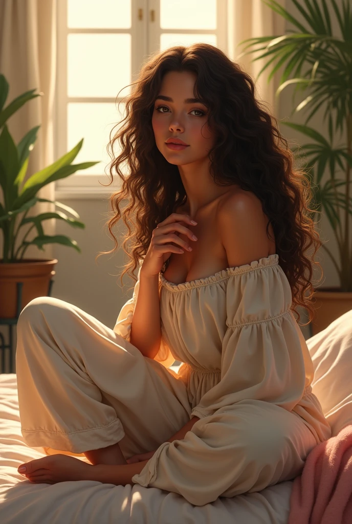 (photorealism:1.2), beautiful woman, sitting on bed, wearing loose off-shoulder top, pajama pants, long curly hair, indoors, soft lighting, plants in background, window with sunlight, cozy room, relaxed pose, realistic, intricate details, warm colors, by Greg Rutkowski, by Alphonse Mucha touching hey chest showing het buttocks