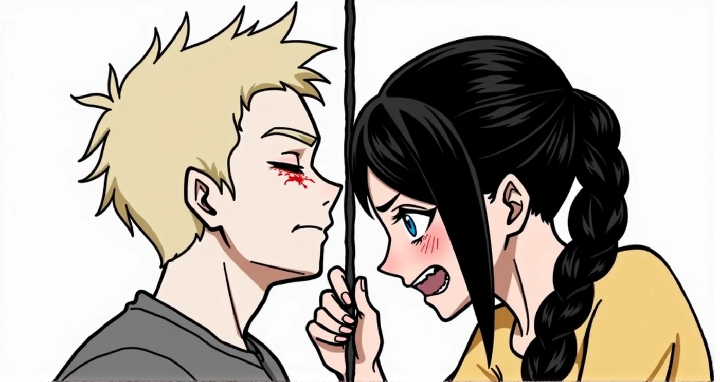 The guy is blond with a handsome muscular body, eyes closed, sad smile, Blood is running from his mouth, covered in blood, the girl has long black hair in a braid, crying, Blue eyes