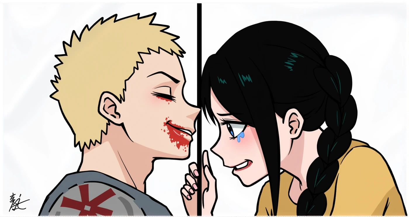 The guy is blond with a handsome muscular body, eyes closed, sad smile, Blood is running from his mouth, covered in blood, the girl has long black hair in a braid, crying, Blue eyes