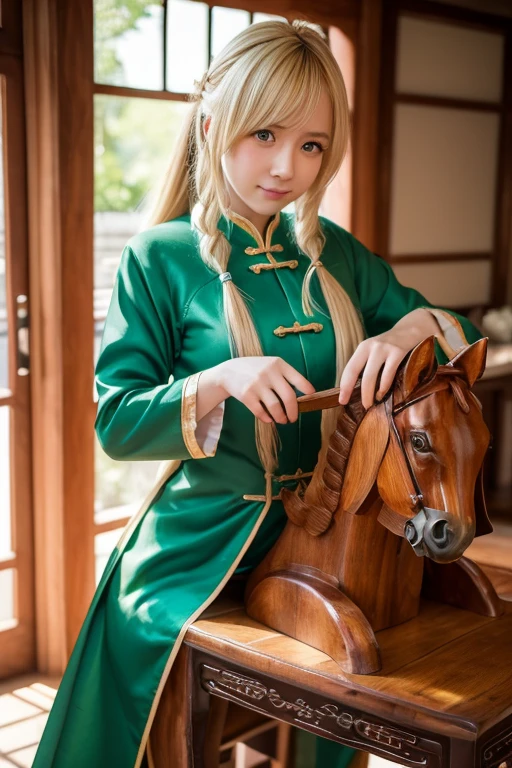 tabletop, best quality, high resolution, ccsaver, blonde hair, green eyes, ahoge, (chinese clothes:1.3), grimacing,, one girl, wooden horse, rubbing crotch, thought-provoking liquid, shibari,, tabletop, best quality, highly detailed, (hands behind back:1.5), hehe, large breasts, focus on female, full body, juice, sweat, (straddling a wooden horse:1.3), glaring