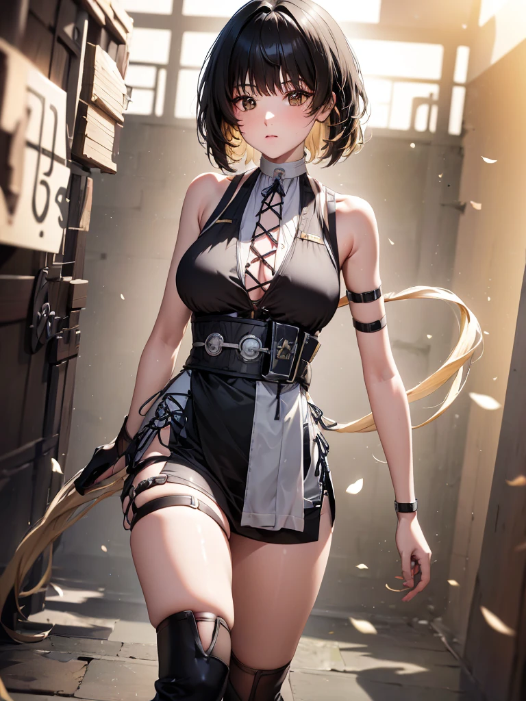 (anime style, manga style, highly detailed, soft shading, subtle highlights)
Young woman with short black hair, large golden eyes. Wearing a revealing black outfit with a deep V-neck top and a short skirt or shorts. Multiple straps and belts on waist, thighs, and arms. Long black gloves. Neutral or slightly serious expression. Standing slightly turned, one arm relaxed by her side. Background is a light brown gradient with floating particles or petals.