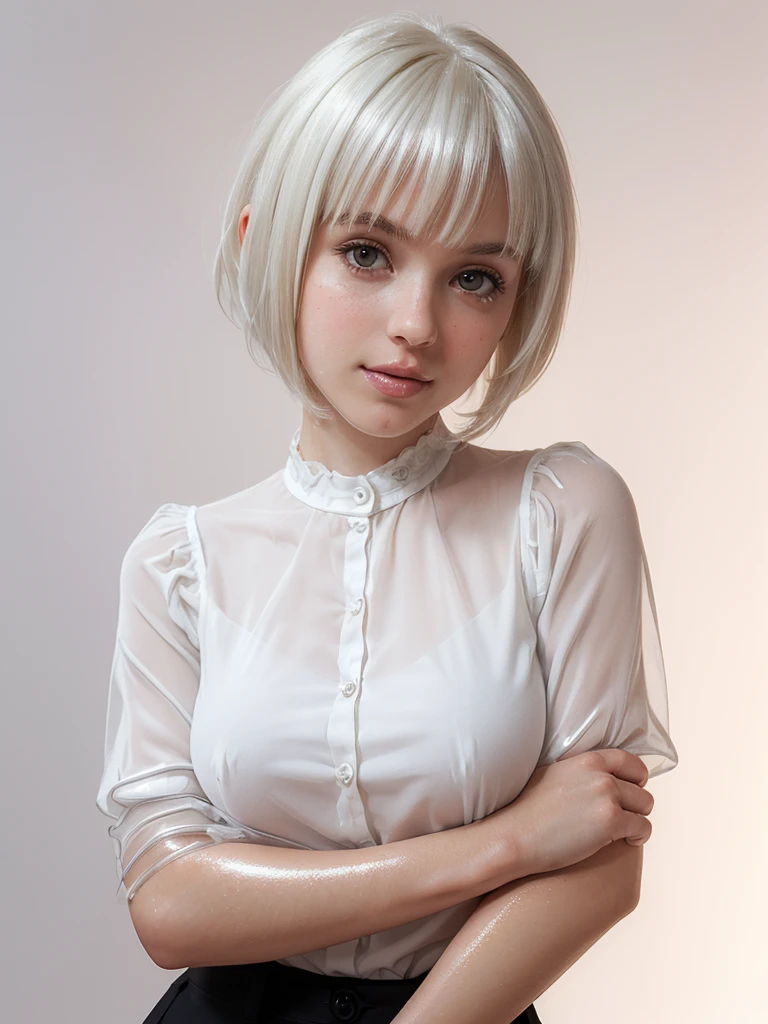 (shiny white skin:1.5),(sexy girl with beautiful breasts:1.5),(cute face:1.5) ,(short  blouse:1.3),
 (clear background:1.5) ,(short white hair:1.4),(bangs:1.3) 