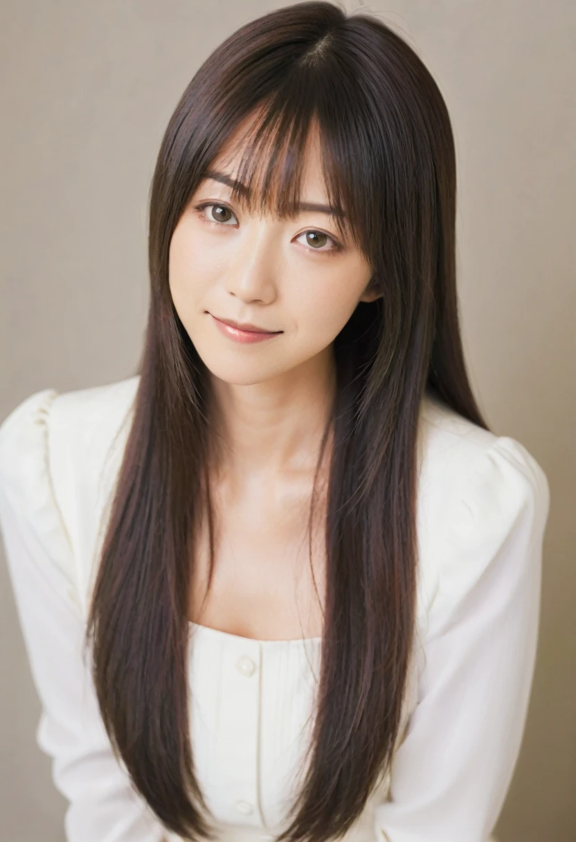 Yurie Okamoto、Age 35、Long straight hair、黒い透けたワンピース、Lifted eyes、Fox Eyes、