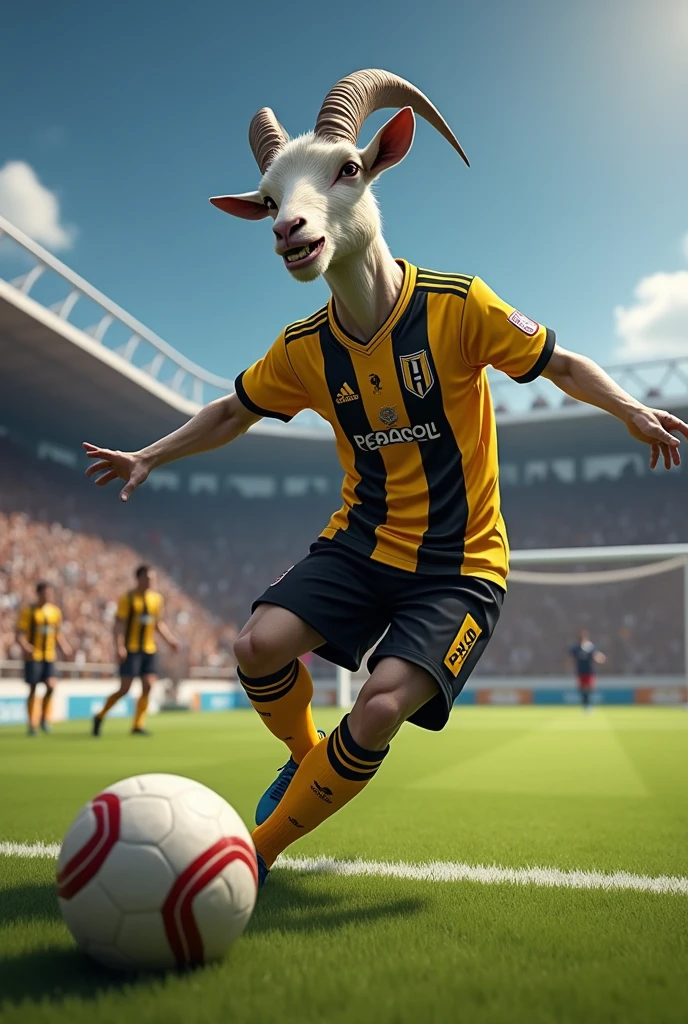 Goat who kicks a free kick in football. Playing for the Peñarol football team , wearing a yellow and black striped shirt with the number 8 on the back and his name "Leo"