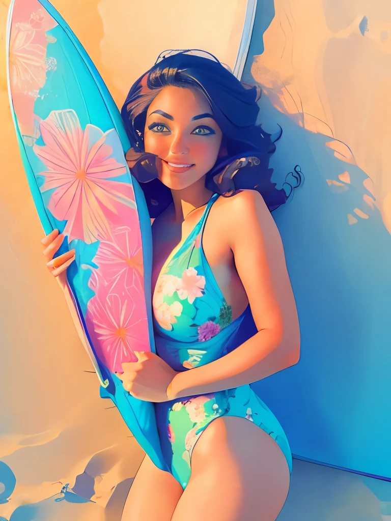 arafed woman in a floral bodysuit holding a surfboard, a pastel by Gee Vaucher, unsplash, fine art, 7 0 s vibe, psychedelic swimsuit, 7 0 s style, in retro swimsuit, “ femme on a galactic shore, groovy vibe, stunning appealing figure, is wearing a swimsuit, cute girl wearing tank suit, hot summertime hippie