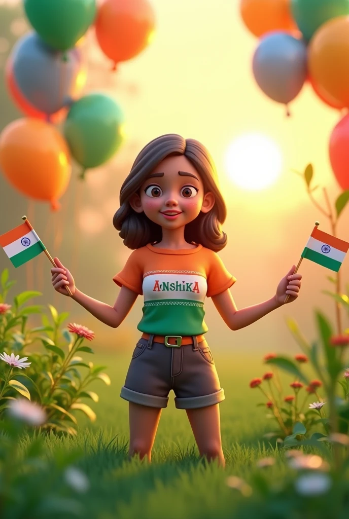 

3D image of a 19-year-old girl standing in a garden, wearing India’s national flag-coloured t-shirt having “ANSHIKA” written on it in 3D. She is holding small flags in both hands, garden is decorated with flag-colored balloons flying behind the Sun.written on it in 3D. She is holding small flags in both hands, garden is decorated with flag-colored balloons flying behind the Sun.