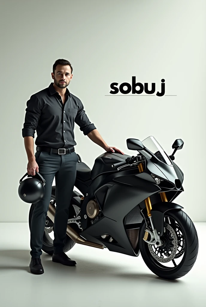 An attitude man standing beside sports bike with a helmet in his hand and type "sobuj" horizontal 