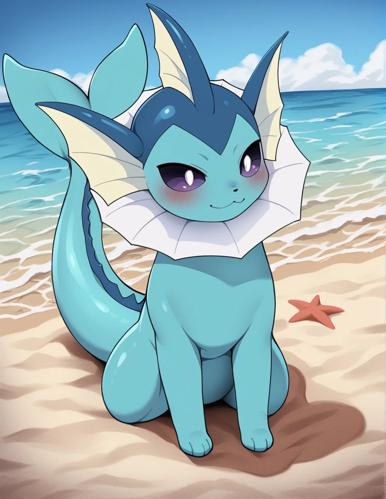 dagasi, body fur,  score_9, score_8_up, score_7_up, score_6_up, source_anime, Vaporeon, feral, detailed, masterpiece, purple sclera, white eyes, Sitting on the seashore, Basking in the sun, fresh air, beach, clear sky